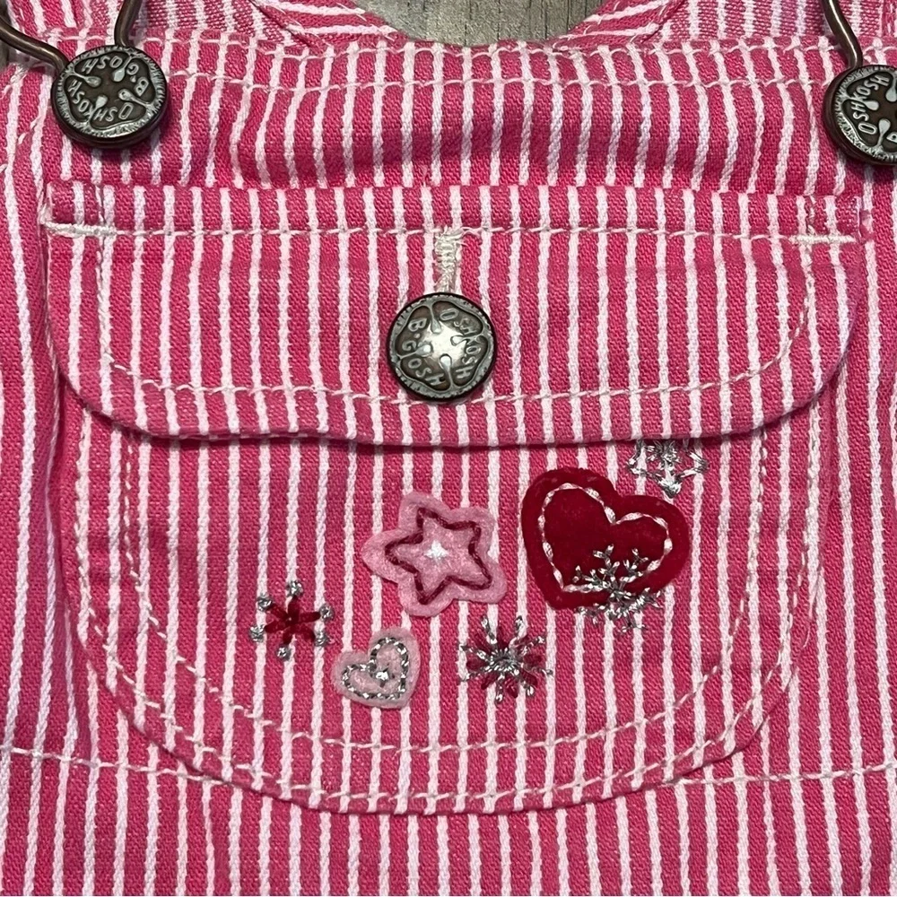 OshKosh B’gosh Pink Striped Baby Overall Dress Embroidered Hearts 9-12 Months